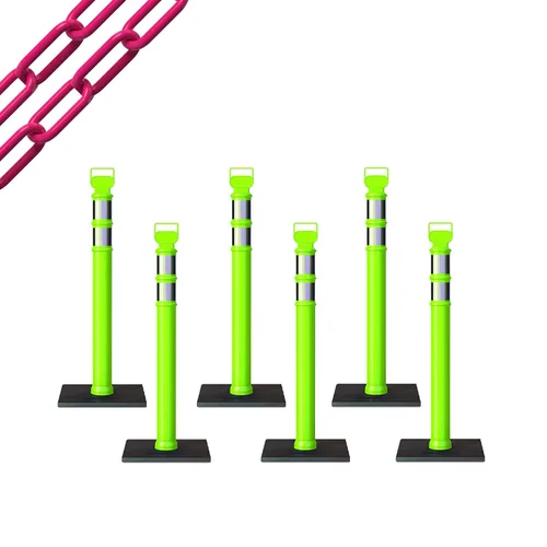 Vista 12 de CCW 6-Pack 45" Delineador Post Kit Kit de 3.0 in collares reflectantes, base de goma de 10 lb (6 postes blancos con cadena negra de 50 pies)