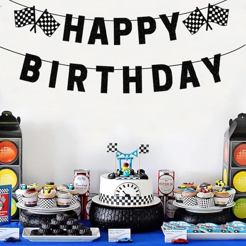 Vista 6 de Cartel de cumpleaños de coche de carreras pre-encordado negro cartel de feliz cumpleaños cartel de carreras fiesta de coche decoraciones