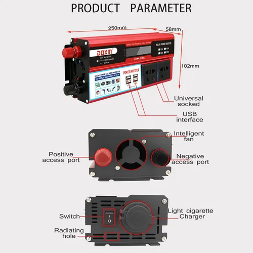 Vista 3 de Inversor de corriente para automóvil de 12 V, 24 V a 110 V, 220 V, convertidor de automóvil con 4 puertos USB, convertidor de adaptador