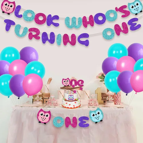 Vista 2 de Decoraciones de fiesta de primer cumpleaños de búho de dibujos animados para niños y niñas con Look Who's Turning One, globo de látex, decoración