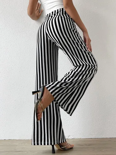 Vista 2 de WDIRARA Pantalones largos elegantes de cintura alta para mujer con pierna acampanada y rayas verticales