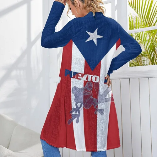 Vista 5 de Cárdigan de longitud media con bandera de Puerto Rico para mujer, talla S