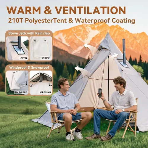 Vista 5 de Hot Tent with Stove Jack, 4 Season 3-4 Person Tipi Tent for Camping, 8.2ft Standing Room with Snow Skirt, Cold Weather Shelter for Family Fishing