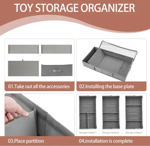 Vista 6 de Paquete de 2 cajas de almacenamiento de juguetes debajo de la cama, organizador de juguetes gris con tapa de PVC transparente, contenedores
