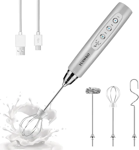 Vista 27 de YUSWKO Baby Blue - Varita espumadora de leche de mano para café, batidor eléctrico recargable con 3 cabezales, 3 velocidades, mezclador de bebidas