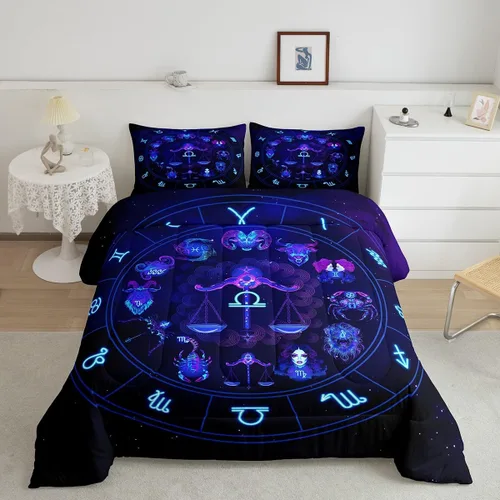 Vista 10 de Erosebridal Virgo - Juego de edredón de tamaño individual con 12 constelaciones, para niños, niñas, niños, niñas, niños, juego de edredón de galaxia