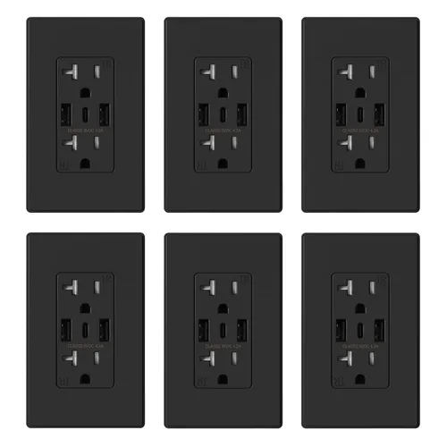 Vista 12 de ELEGRP Tomacorrientes de pared USB, Receptáculos de tomacorrientes de pared USB C de 3 puertos, tomacorrientes negro mate de 15 amperios con 3