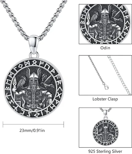 Vista 5 de Brisskaari Joyería vikinga para hombre, collar con colgante de plata de ley 925, colgante de amuleto redondo vintage con runa nórdica, cadena