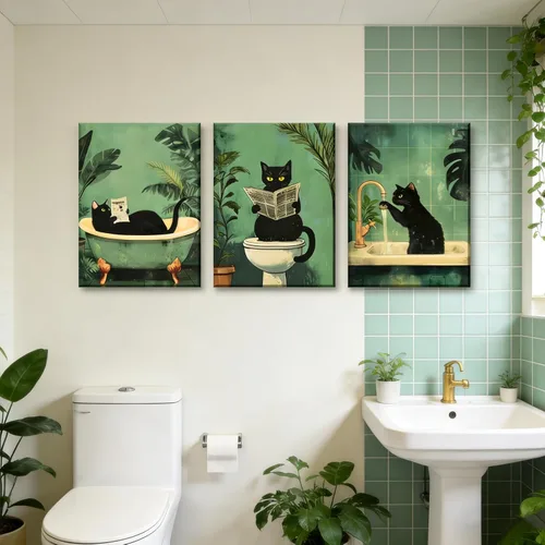 Vista 5 de 3 piezas de divertidos carteles de gato negro en lienzo para pared de baño Arte de pared vintage Gato se lava las patas leyendo el periódico