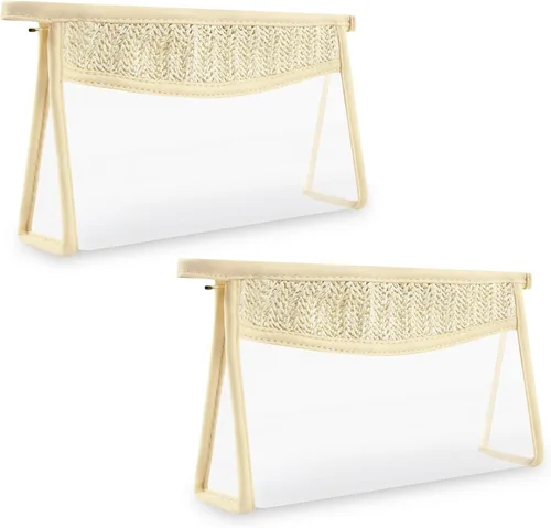 Vista 20 de Iqimott 2 bolsas de maquillaje con parches transparentes, bolsa de letras boho para nadar en la playa, bolsas de maquillaje impermeables