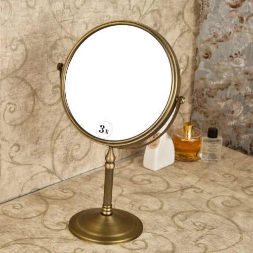 Vista 6 de Leyden Espejo de maquillaje de latón antiguo, espejo de tocador de aumento 3X, doble cara, 7.8 pulgadas, accesorios de baño