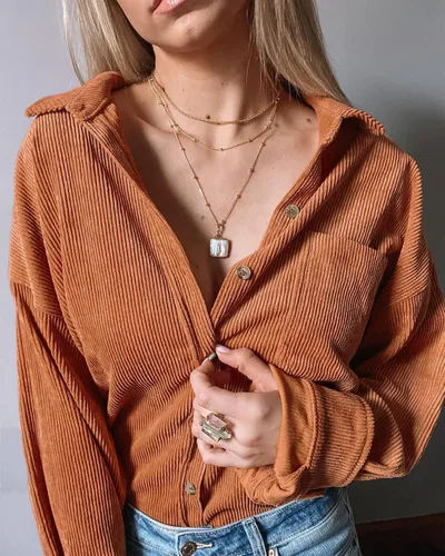 Vista 7 de Saslax Camisa de pana para mujer, de manga larga, con botones, cuello en V, holgada, chaqueta