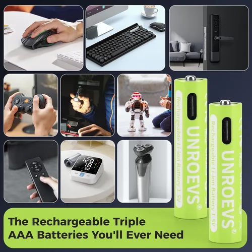 Vista 2 de UNROEVS Baterías recargables AAA USB-C, 1.5 V 1200 mWh, batería de litio AAA recargable triple A, larga duración, carga rápida para linternas