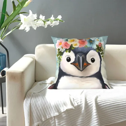 Vista 7 de Funda de cojín cuadrada suave con estampado de pingüinos con estampado de flores, para decoración del hogar, sala de estar, cama, sofá automóvil, 18