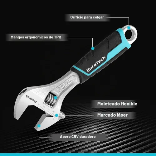 Vista 3 de DURATECH Llave ajustable de 6 pulgadas, llave de acero Cr-V, llave de mandíbula ancha, básculas métricas y SAE, para el hogar, garaje, taller