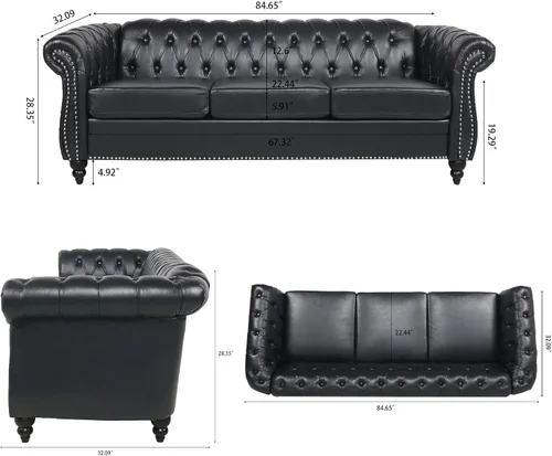 Vista 2 de Muebles de sofá Chesterfield de tela de 85 pulgadas, sofá tapizado con respaldo copetudo, brazo enrollable, sofá Chesterfield clásico para sala