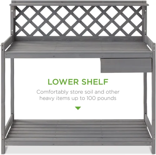 Vista 10 de Best Choice Products Banco para macetas de jardín al aire libre, mesa de trabajo de madera con cajón de gabinete, estante abierto, almacenamiento