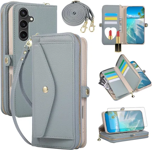 Vista 56 de Asuwish Funda de teléfono para Samsung Galaxy S23 5G con cremallera, funda para celular con protector de pantalla, correa para el hombro, espejo