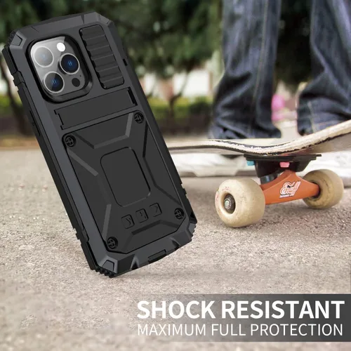 Vista 5 de Funda de metal para iPhone 14 Plus 5G con protector de pantalla y función atril, funda para cámara, resistente armadura militar duradera, cuerpo