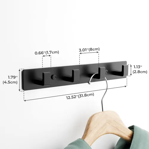 Vista 2 de GWAAZXGZ Perchero negro para montaje en pared, 12.5 pulgadas, moderno riel de gancho de metal con 4 ganchos en ángulo recto, organizador montado