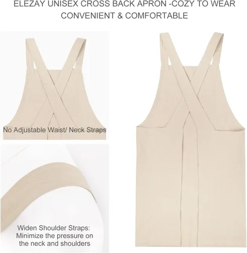 Vista 2 de ELEZAY Delantales para mujer con bolsillos, talla grande, cómodo, espalda cruzada, sin lazo, delantal de lino y algodón Beige