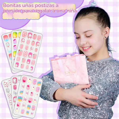 Vista 2 de 144 Piezas de Uñas Postizas a Presión para Niñas, Uñas Postizas para Niñas con Kit de Pegamento, Lindas Puntas de Uñas con Adhesivo de Uñas