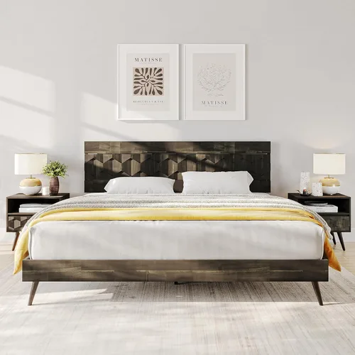 Vista 15 de Bme Georgina - Marco de cama tamaño Queen con cabecero y diseño geométrico artesanal distintivo, diseño con patente estadounidense pendiente, madera
