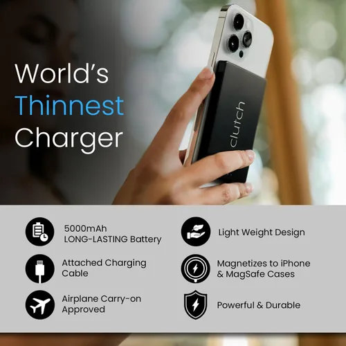 Vista 6 de Clutch Cargador Portátil Pro para iPhone para Viajes 5000 mAH Aprobado por TSA Magnético Seguro para Avión Cargador Portátil solo Compatible