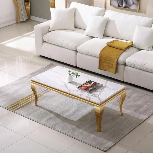 Vista 5 de Mesa de centro moderna, mesa central rectangular de mármol sintético blanco de 47 pulgadas, mesa de té de cóctel con acabado espejo dorado, base