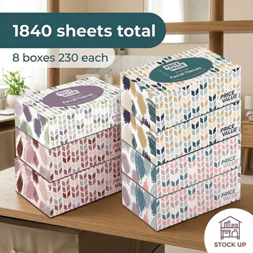 Vista 3 de Price Value Cajas de pañuelos faciales, 230 hojas por caja, 8 cajas. Premium suave, suave y duradero en una caja elegante, 1,840 hojas
