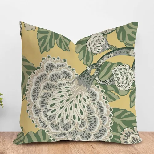 Vista 92 de ArogGeld Funda de cojín con flores verdes y blancas con flores grises y negras y hojas verdes en estilo chinoiserie, funda de almohada cuadrada