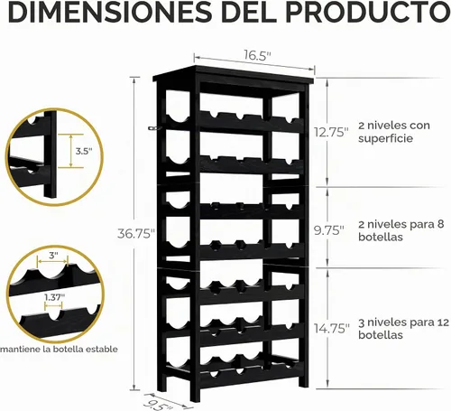 Vista 2 de Estante de vino para 28 botellas, de madera maciza, 7 niveles, con mesa, soporte para botellas sin tambaleo para bodega, cocina, bar, comedor, sala