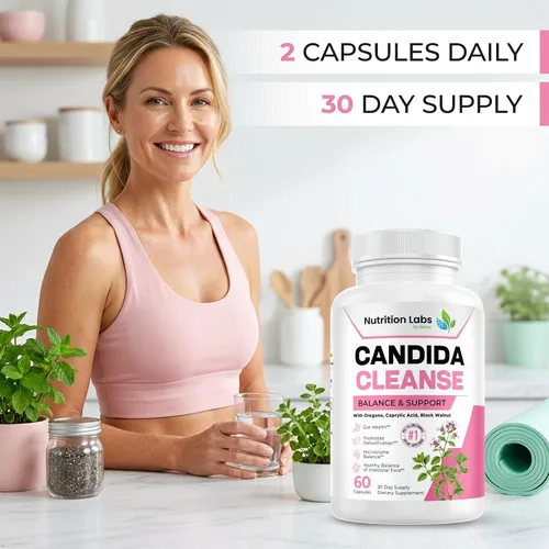 Vista 4 de Suplemento Candida Cleanse para equilibrio y apoyo, desintoxicación de candidasa, mujeres y hombres. Salud intestinal y flora, nivel de pH, salud