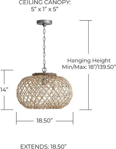 Vista 3 de Capital Lighting 340811GK Rainey - Colgante ancho de ratán natural, 1 luz de 100 vatios, 14 pulgadas de alto x 19 pulgadas de ancho, gris