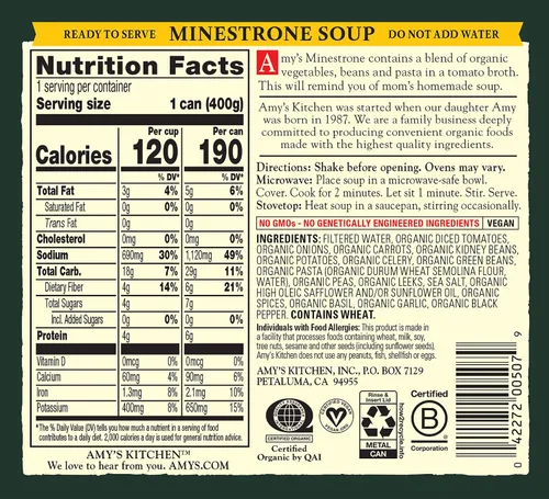 Vista 2 de Sopa Amy’s, Sopa Vegana Minestrone, Baja en Grasa, Hecha con Vegetales Orgánicos, Frijoles y Pasta en Caldo de Tomate, Sopa Enlatada, 14.1 Oz Low