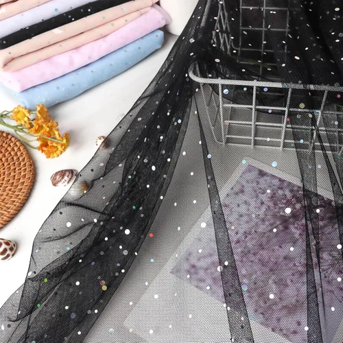 Vista 2 de HAVII Tela de tul negro con purpurina de 59 pulgadas x 2 yardas, tul con lentejuelas láser para faldas tutú, costura, manualidades, accesorios
