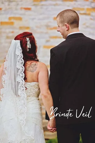 Vista 6 de Brinote Velo de novia de encaje apliques con peine 1 nivel largo hasta la cadera velos de novia de cristal velos de tul suave para novias, Marfil
