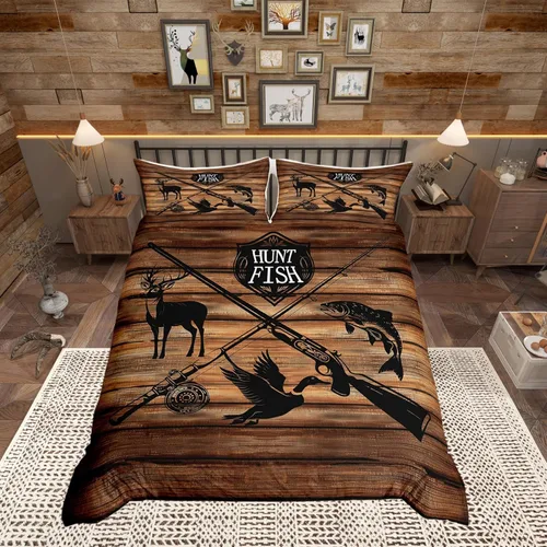 Vista 38 de Funda de edredón con bandera estadounidense de camuflaje, tamaño individual, silueta de ciervo y árboles grises, funda de edredón de estilo natural