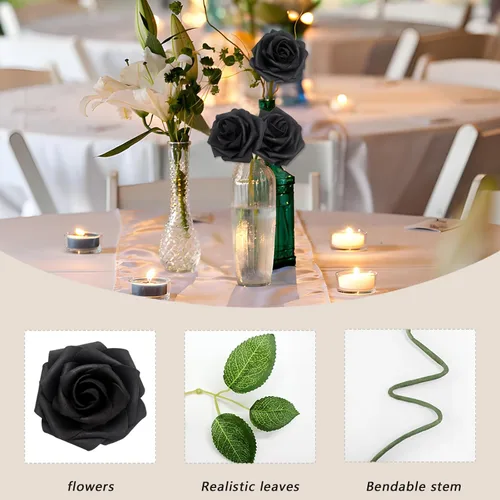 Vista 8 de 25 rosas realistas negras, flores artificiales de espuma de látex con tallos flexibles y 8 hojas para decoración de bodas, hogar y fiestas Negro