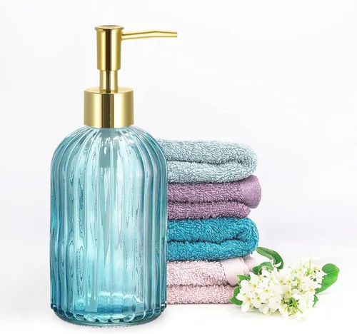 Vista 4 de uxcell Dispensador de jabón – Dispensador de jabón de manos de vidrio de 13.5 onzas con bomba dorada para cocina y baño, color azul