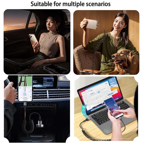 Vista 2 de Cable de carga USB C corto en espiral, paquete de 3 cables de datos trenzados de nailon retráctil de 120 W, cable de carga rápida de resorte