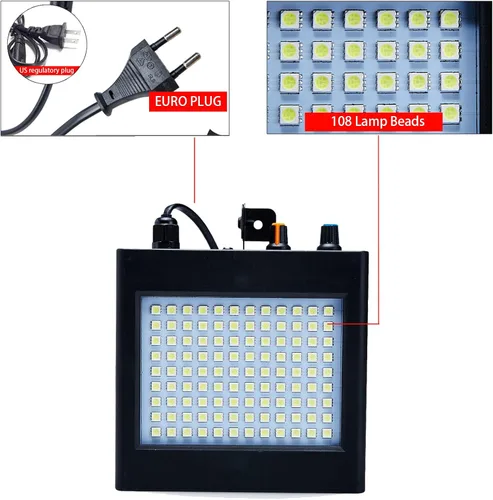 Vista 5 de Mini luz estroboscópica, sUperbrillante RGB/color blanco, luz estroboscópica con 108 mini LED, auto-activada por sonido o modo de flash de control