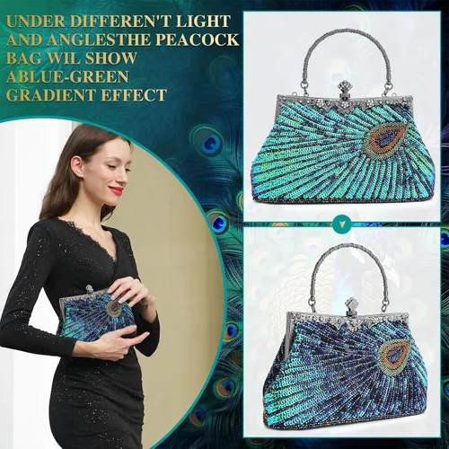 Vista 6 de UBORSE Bolsos de embrague de noche de pavo real con lentejuelas con cuentas Bolso de noche vintage Bolso de boda de fiesta de 1920