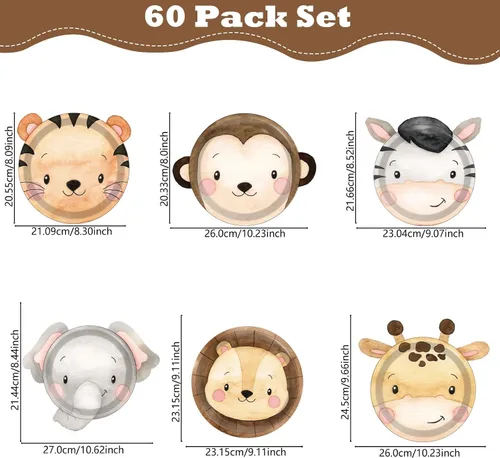 Vista 2 de Naozinebi 60 platos de fiesta de animales de la selva, platos de papel con forma de animales de safari, zoológico, selva, desechables, decoraciones
