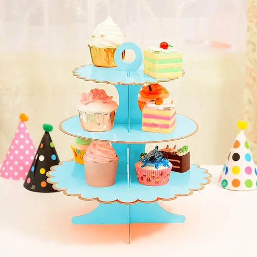 Vista 2 de Rocutus Soporte para cupcakes, 3 juegos de platos de postre de 3 niveles, mini pasteles, frutas, dulces, torre de exhibición de galletas, soporte