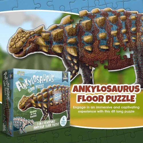 Vista 2 de Ankylosaurus - Rompecabezas de dinosaurio Rompecabezas de piso de doble cara de 100 piezas con esqueleto que brilla en la oscuridad en el otro