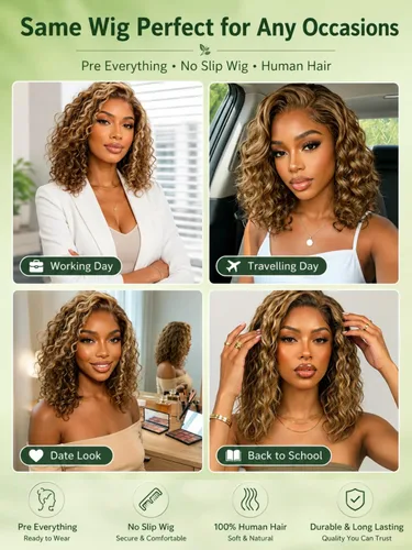 Vista 6 de KLAIYI Bye Bye Slip™ Ombre Highlights Rubio Bob Onda de Agua Rizado Precortado 7x5 Encaje Frontal Pelucas Cabello Humano Parte Lateral Cordón