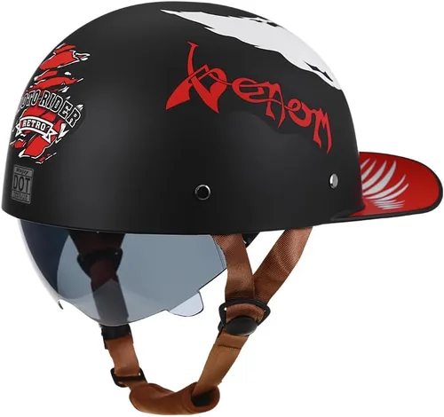 Vista 5 de Casco abierto de estilo vintage retro para motocicleta, gorra de béisbol, medios cascos con lente desplegable para hombres y mujeres, ciclomotor