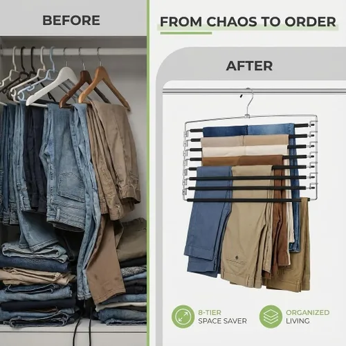 Vista 5 de Percha para pantalones con brazo oscilante de varios niveles Perchas de ropa que ahorran espacio con acolchado de espuma y brazos extraíbles