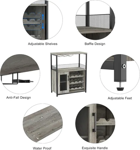 Vista 6 de Amyove Armario para bar de vinos con estante de vino desmontable, estante de bar con soporte para vidrio, aparador pequeño y gabinete de buffet